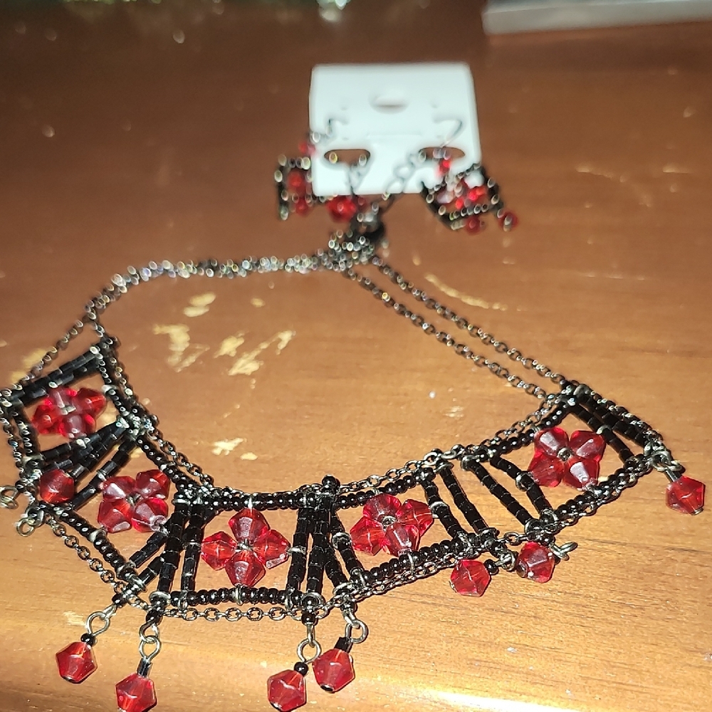 Elegant Red and Black Beaded Necklace and Earring Set